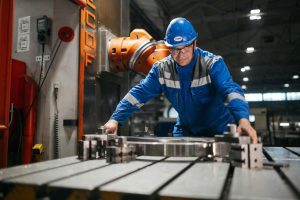 Male worker in blue uniform operates machinery in an industrial factory setting, showcasing engineering and industry.