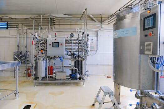 High-tech industrial machinery inside a modern factory. Pipes and equipment dominate the space.